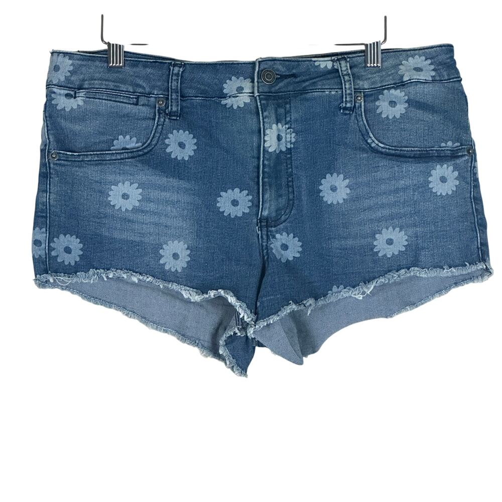 Rue21 Denim Shorts Womens 12 Medium Wash Stretch Floral Frayed Hem Boho Hippie
